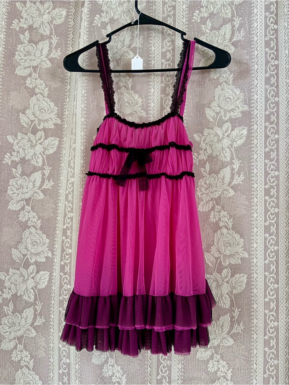 Vintage Fredericks of Hollywood Hot Pink Layered Babydoll with Black Trim